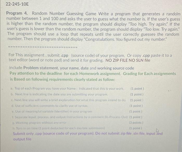 22 245 10e Program 4 Random Number Guessing Game Write A Program That Generates A Random Number Between 1 And 100 And A 1