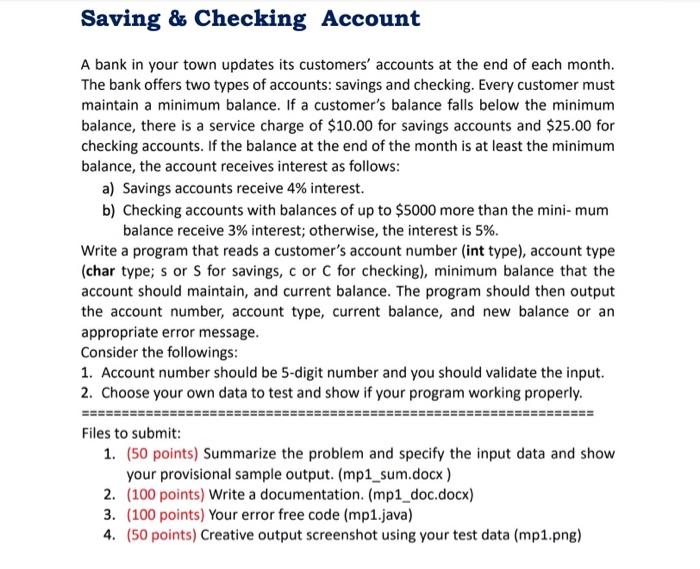 Saving Checking Account A Bank In Your Town Updates Its Customers Accounts At The End Of Each Month The Bank Offers 1