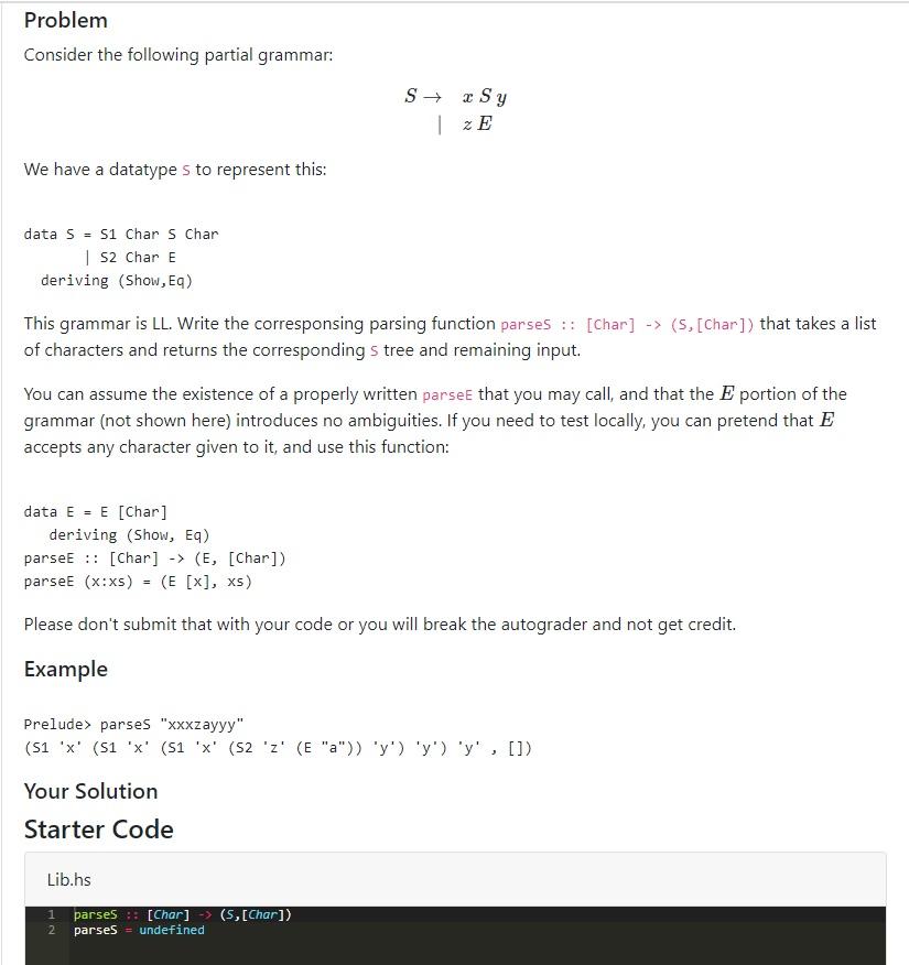 Problem Consider The Following Partial Grammar We Have A Datatype S To Represent This Data S S1 Char S Char S2 Char 1