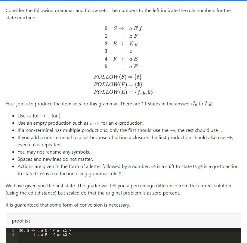 Consider The Following Grammar And Follow Sets The Numbers To The Left Indicate The Rule Numbers For The State Machine 1