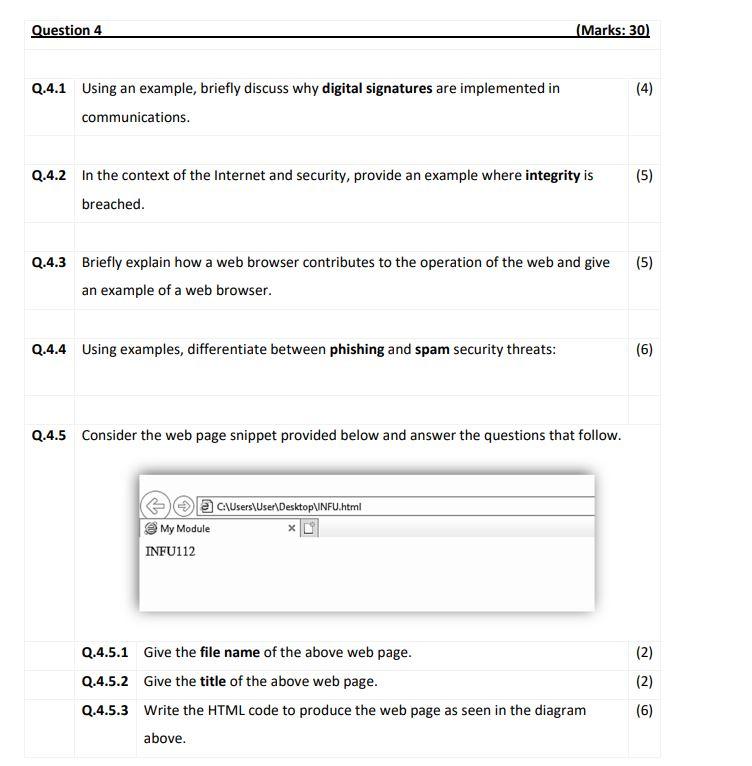 Question 4 Q 4 1 Using An Example Briefly Discuss Why Digital Signatures Are Implemented In Communications Q 4 2 In Th 1