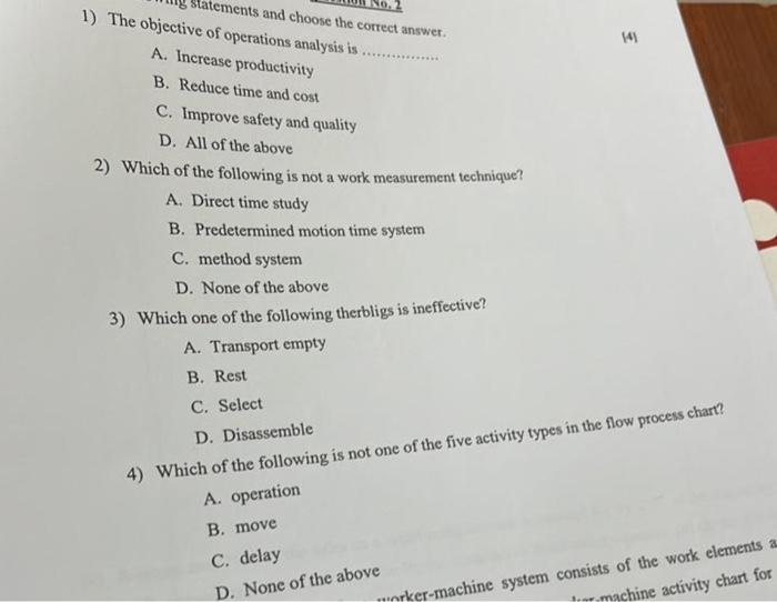 141 Statements And Choose The Correct Answer 1 The Objective Of Operations Analysis Is A Increase Productivity B Red 1