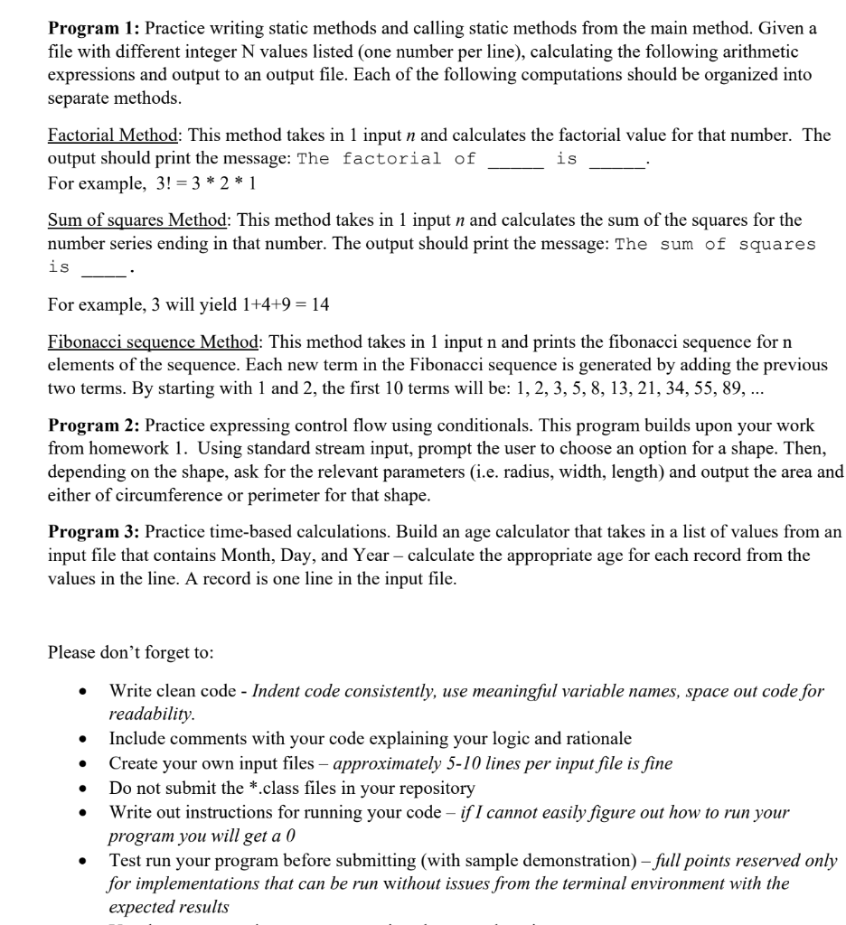 Program 1 Practice Writing Static Methods And Calling Static Methods From The Main Method Given A File With Different 1