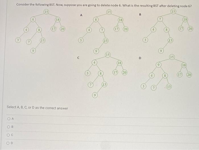 O A Oc Consider The Following Bst Now Suppose You Are Going To Delete Node 6 What Is The Resulting Bst After Deleting 1