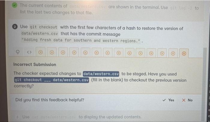 The Current Contents Of Data List The Last Two Changes To That File 2 Use Git Checkout With The First Few Characters O 1