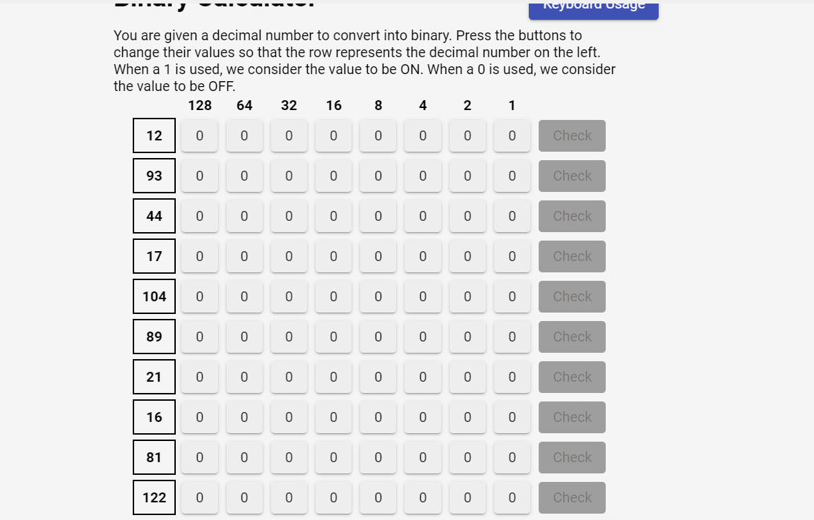 Keyboard Usage You Are Given A Decimal Number To Convert Into Binary Press The Buttons To Change Their Values So That T 1