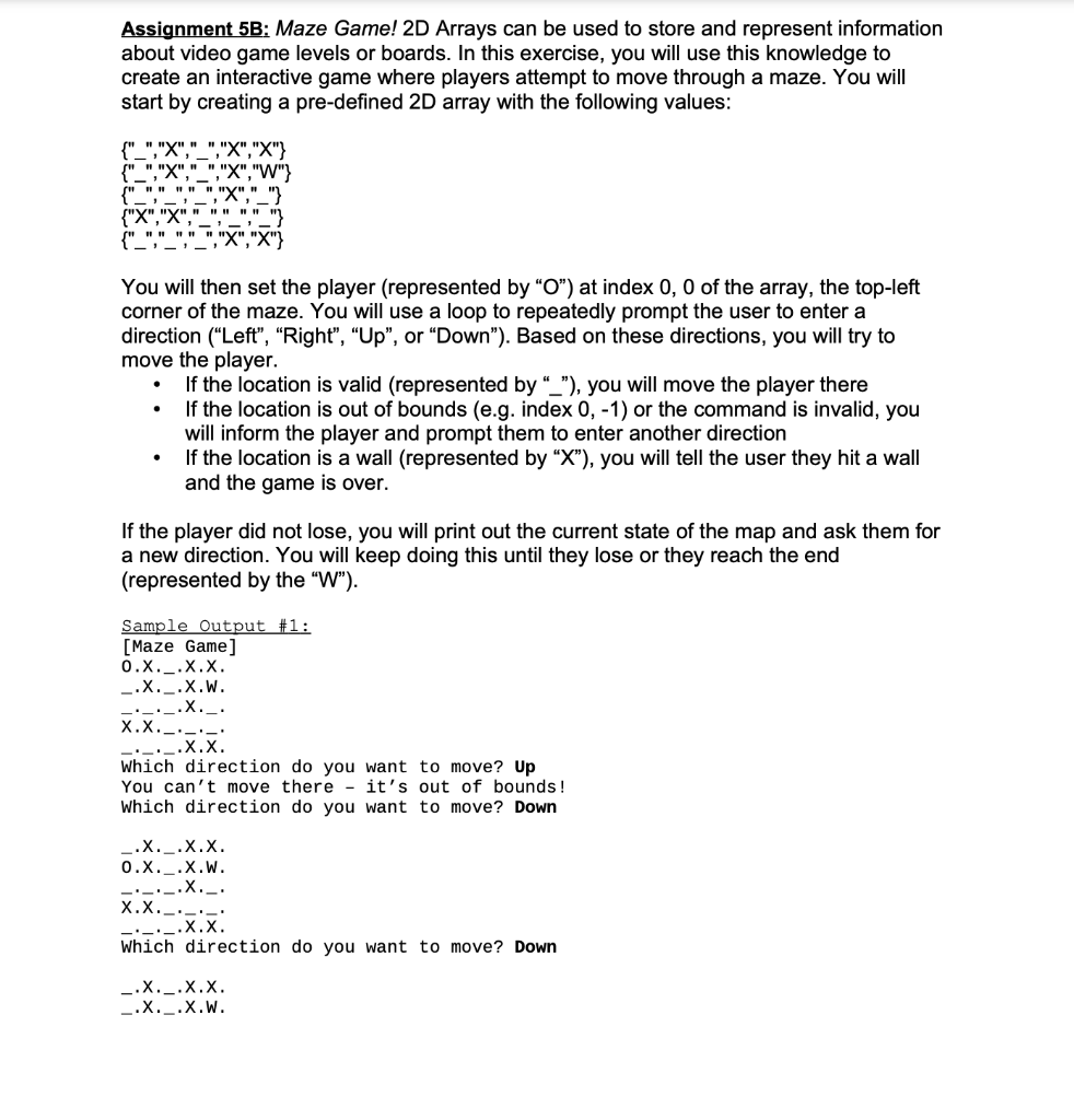 Assignment 5b Maze Game 2d Arrays Can Be Used To Store And Represent Information About Video Game Levels Or Boards In 1