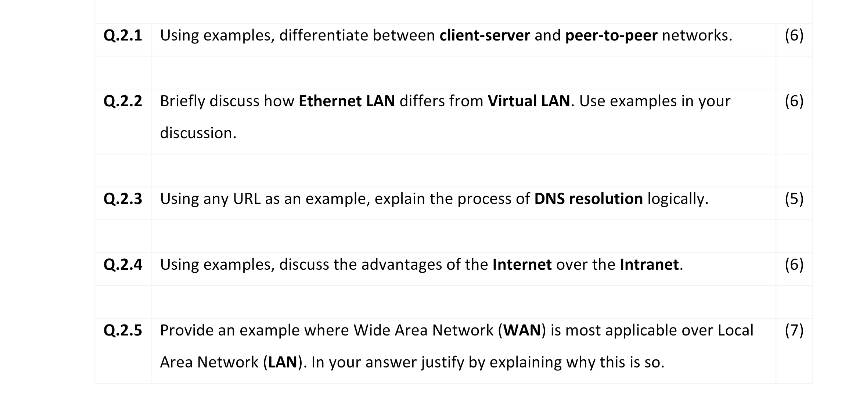 Q 2 1 Using Examples Differentiate Between Client Server And Peer To Peer Networks Q 2 2 Briefly Discuss How Ethernet 1