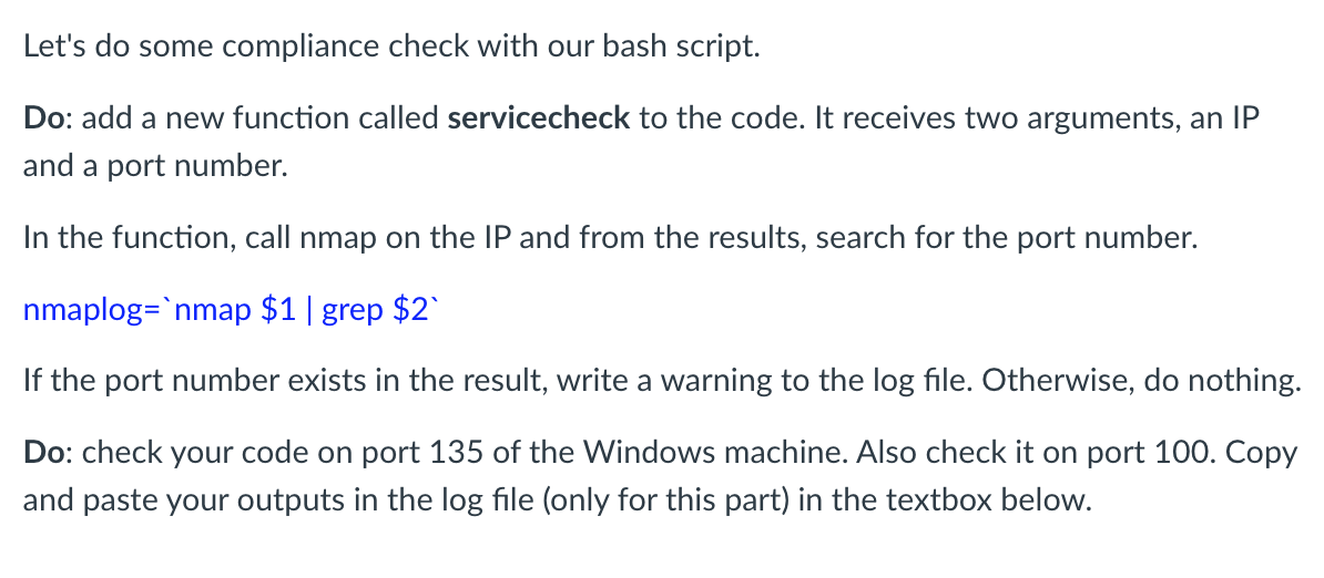 Let S Do Some Compliance Check With Our Bash Script Do Add A New Function Called Servicecheck To The Code It Receives 1