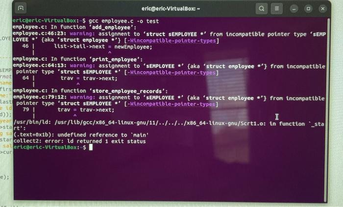A Eric Eric Virtualbox Gcc Employee Co Test Employee C In Function Add Employee Employee C 46 23 Warning Assign 1