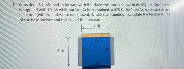1 Consider A 3 Mx3 Mx4 M Furnace With 4 Surface Enclosures Shown In The Figure Surface A Is Supplied With 10 Kw While 1