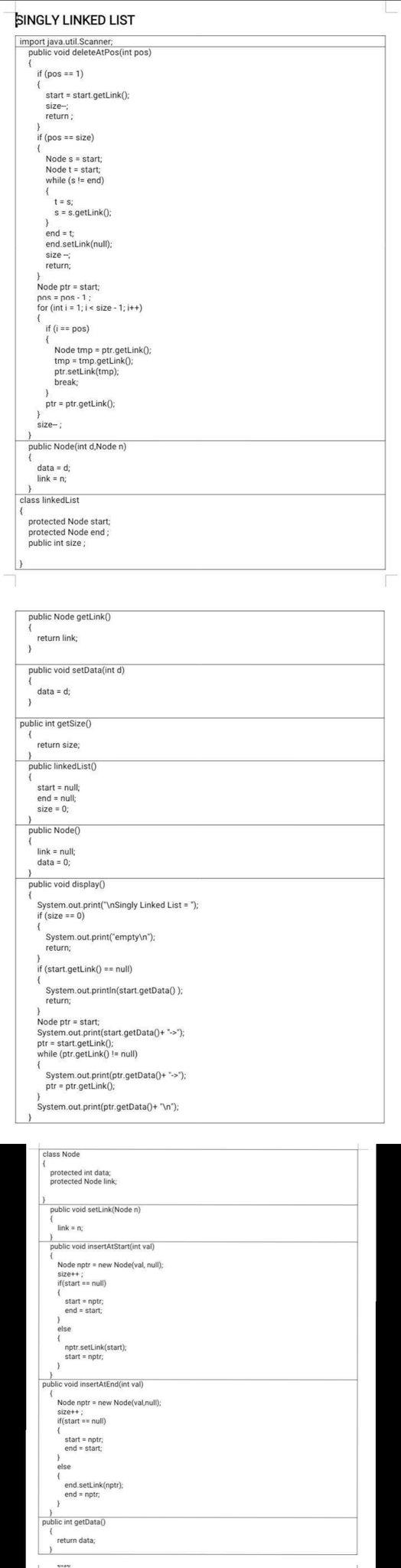 Singly Linked List Import Java Util Scanner Public Void Deleteatpos Int Pos If Pos 1 Start Start Getlink 1