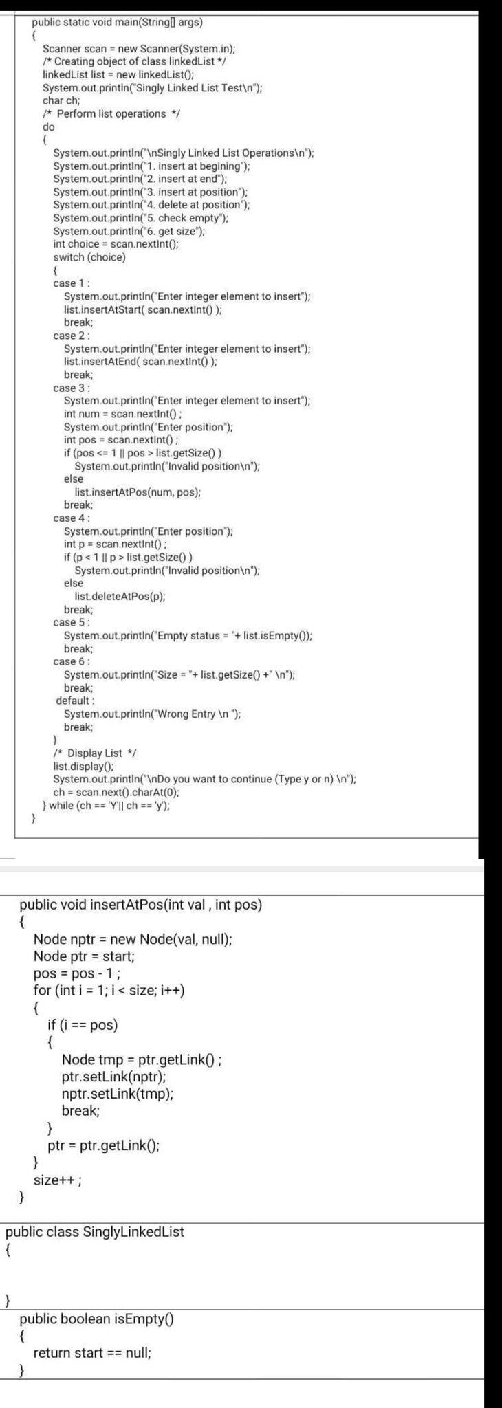 Singly Linked List Import Java Util Scanner Public Void Deleteatpos Int Pos If Pos 1 Start Start Getlink 2
