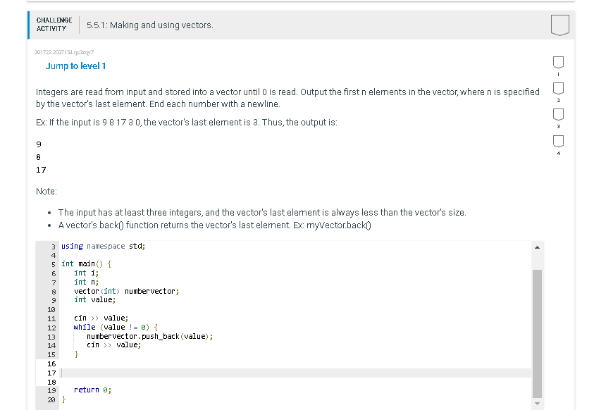 Challenge Activity 301722 2037154 Xpolomy7 Jump To Level 1 Integers Are Read From Input And Stored Into A Vector Until 0 1
