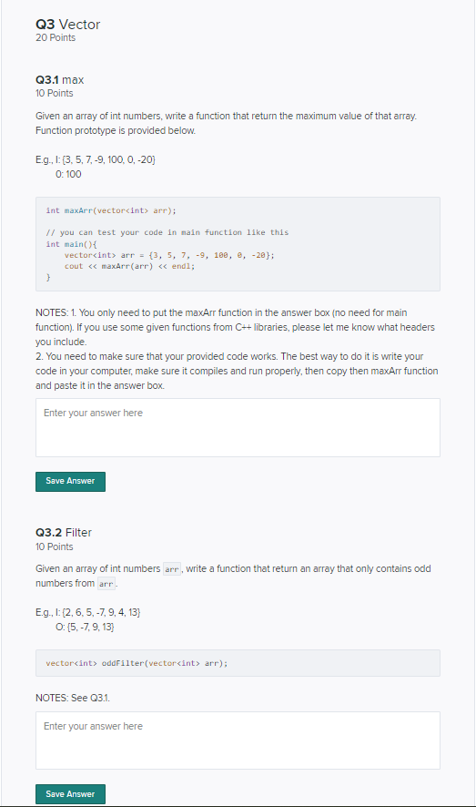 Q3 Vector 20 Points Q3 1 Max 10 Points Given An Array Of Int Numbers Write A Function That Return The Maximum Value Of 1