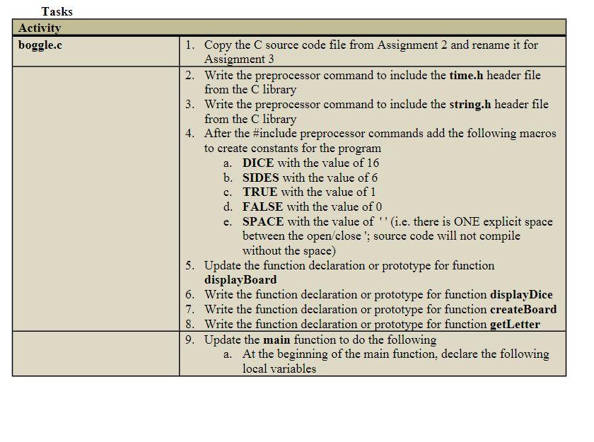 Tasks Activity Boggle C 1 Copy The C Source Code File From Assignment 2 And Rename It For Assignment 3 2 Write The Pre 1