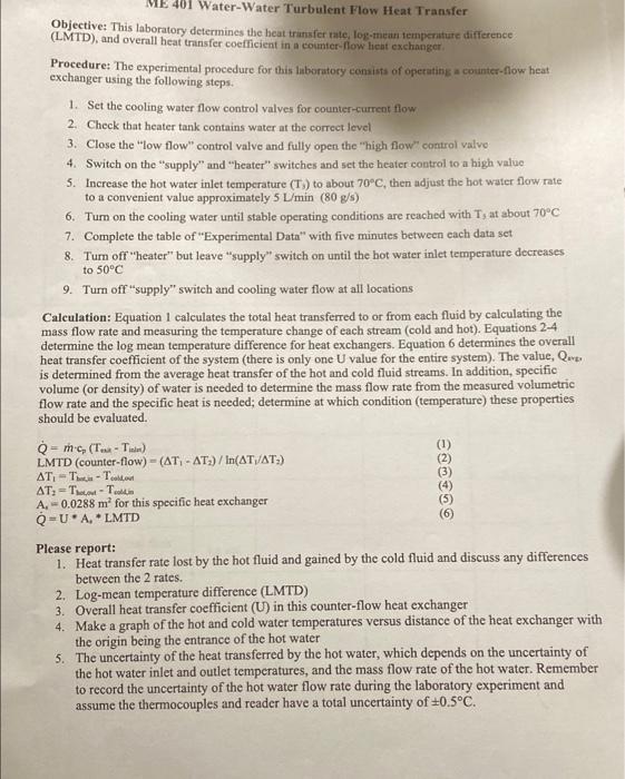 401 Water Water Turbulent Flow Heat Transfer Objective This Laboratory Determines The Heat Transfer Rate Log Mean Temp 1