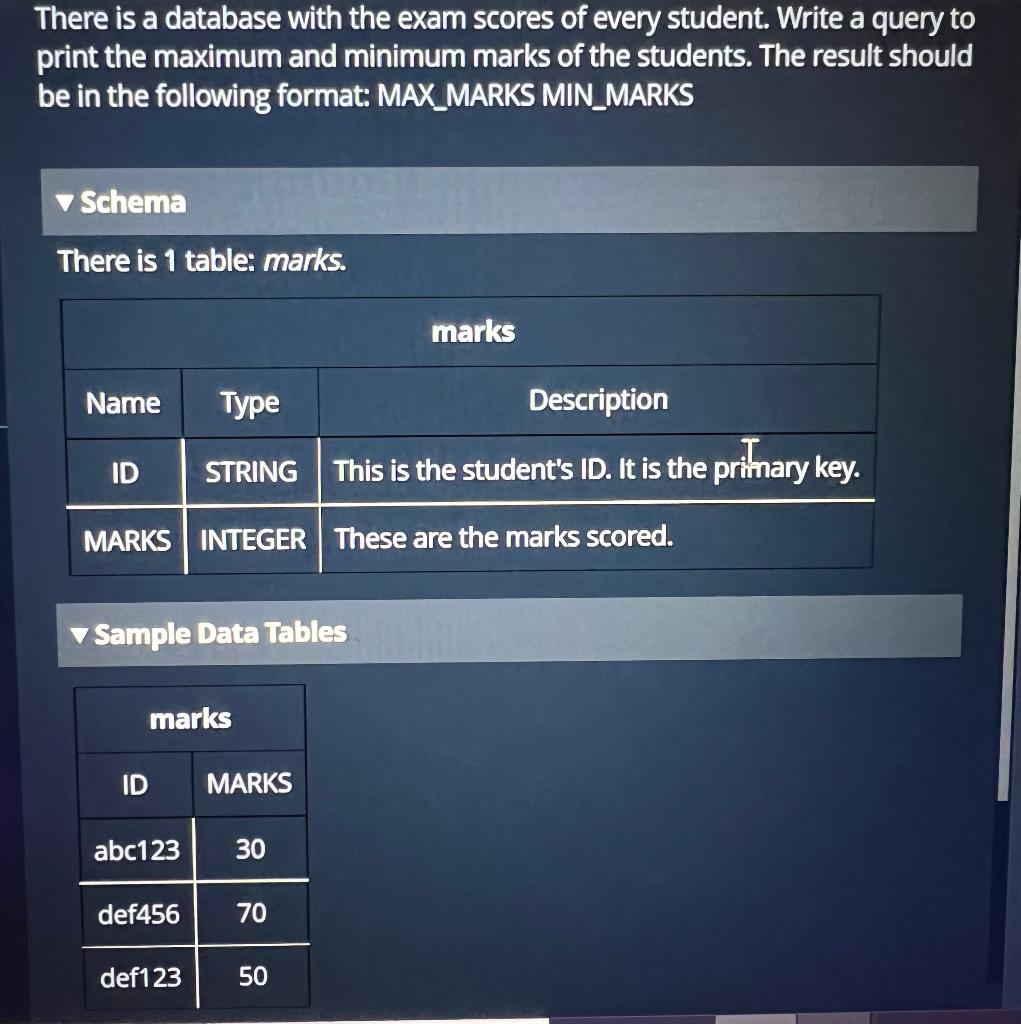 There Is A Database With The Exam Scores Of Every Student Write A Query To Print The Maximum And Minimum Marks Of The S 1