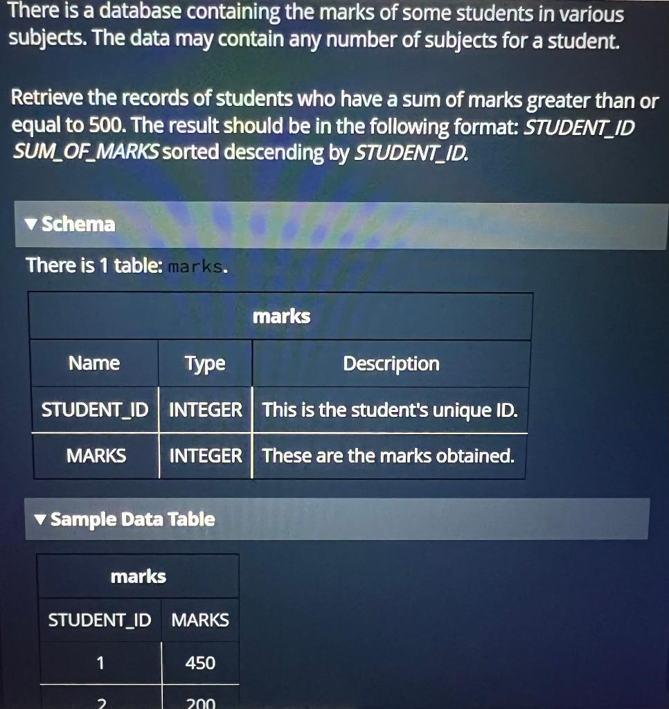 There Is A Database Containing The Marks Of Some Students In Various Subjects The Data May Contain Any Number Of Subjec 1