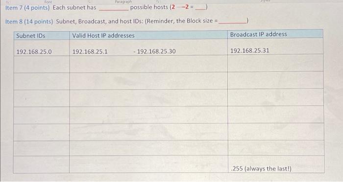 Font Item 7 4 Points Each Subnet Has Possible Hosts 2 2 Item 8 14 Points Subnet Broadcast And Host Ids Reminde 1