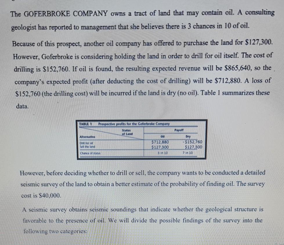The Goferbroke Company Owns A Tract Of Land That May Contain Oil A Consulting Geologist Has Reported To Management That 1