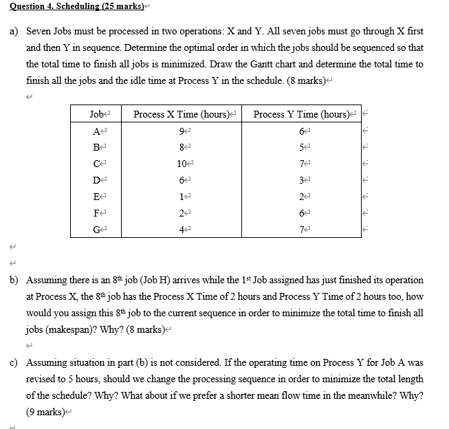 Question 4 Scheduling 25 Marks A Seven Jobs Must Be Processed In Two Operations X And Y All Seven Jobs Must Go Thr 1