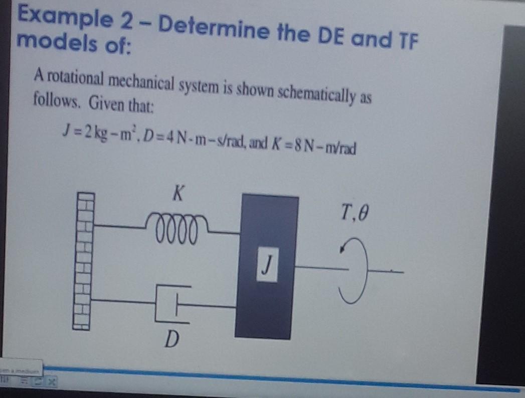 Example 2 Determine The De And Tf Models Of A Rotational Mechanical System Is Shown Schematically As Follows Given Tha 1