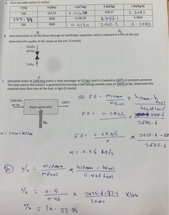 100 A Fill In The Table Below 13 Marks T C P Kpa M Kg Hi Kg Sk Kg K 101 42 0 01043 419 17 1 3 72 1000 179 89 0 1
