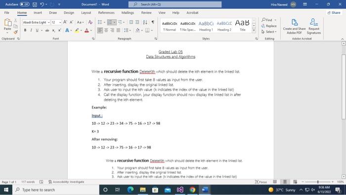 Write A Recursive Function Deletekth Which Should Delete The Kth Element In The Linked List 1 Your Program Should Firs 3