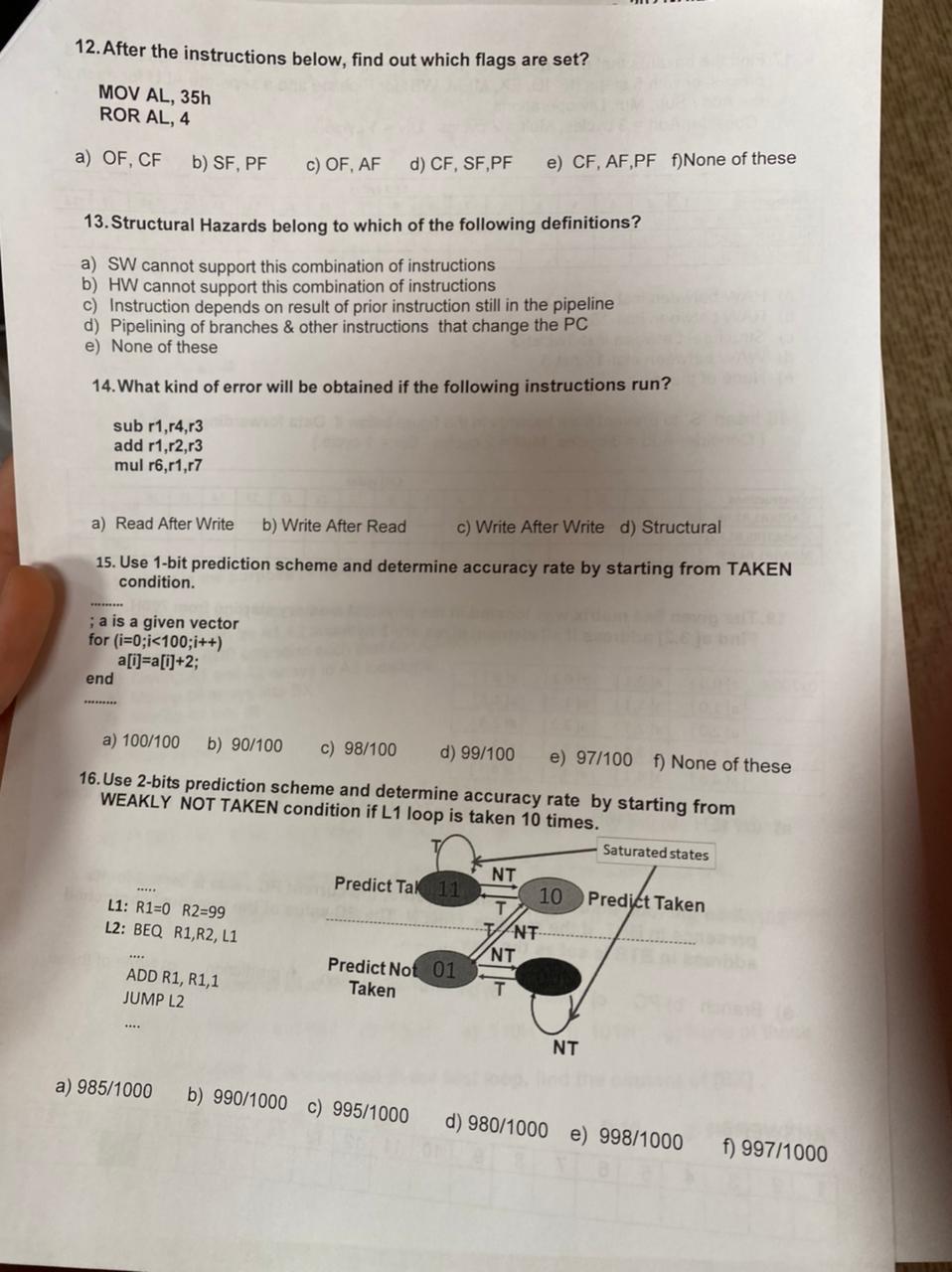 12 After The Instructions Below Find Out Which Flags Are Set Mov Al 35h Ror Al 4 A Of Cf B Sf Pf 13 Structural 1