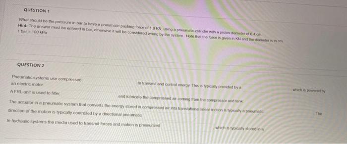 Question 1 What Should Be The Pressure In Bar To Have A Pomoc Pushing Force Of 10 Kn Nga Proumatic Cylinder With A Prodo 1