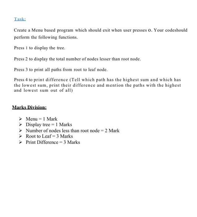 Task Write Code In C Language Create A Menu Based Program Which Should Exit When User Presses O Your Code Should Per 1