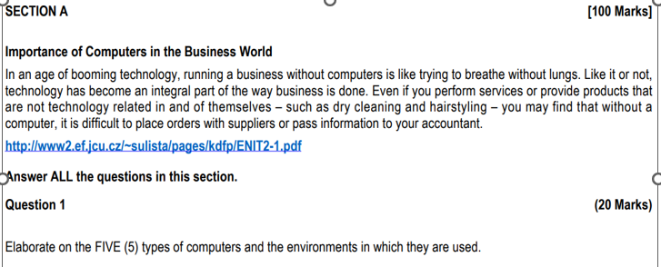 Section A Importance Of Computers In The Business World In An Age Of Booming Technology Running A Business Without Comp 1