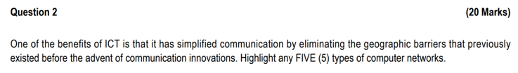 Question 2 20 Marks One Of The Benefits Of Ict Is That It Has Simplified Communication By Eliminating The Geographic B 1