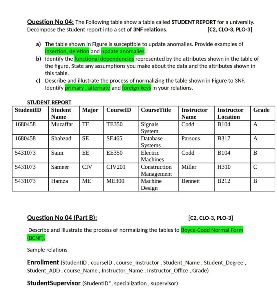 Question No 04 The Following Table Show A Table Called Student Report For A University Decompose The Student Report In 1