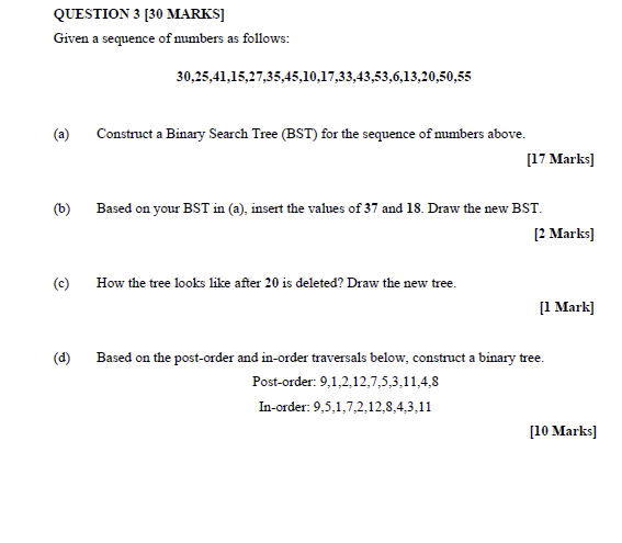 Question 3 30 Marks Given A Sequence Of Numbers As Follows A B C D 30 25 41 15 27 35 45 10 17 33 43 53 6 13 2 1