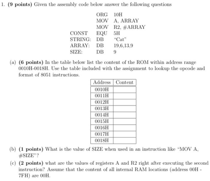 1 9 Points Given The Assembly Code Below Answer The Following Questions Org 10h Mov A Array R2 Array Mov Equ 5h Co 1