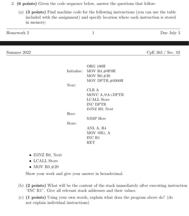 3 6 Points Given The Code Sequence Below Answer The Questions That Follow A 3 Points Find Machine Code For The 1