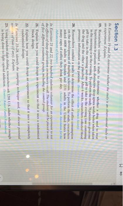 W Ro Section 1 3 In Exercises 19 And 20 Determine Whether The Study Is An Observational Study Or An Experiment Explain 1