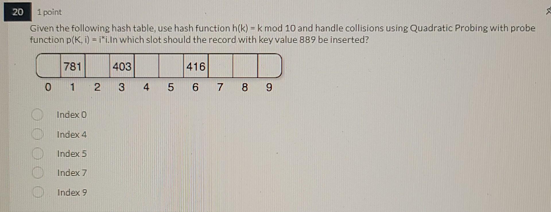 20 1 Point Given The Following Hash Table Use Hash Function H K K Mod 10 And Handle Collisions Using Quadratic Probin 1