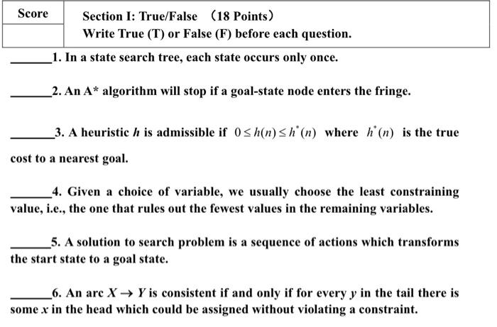 Score Section I True False 18 Points Write True T Or False F Before Each Question 1 In A State Search Tree Eac 1