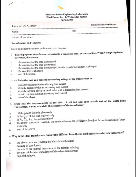A B C D E Instructor Dr A Elnady Name Answer All Questions Transformers And Circuits Select And Circle The Co 1