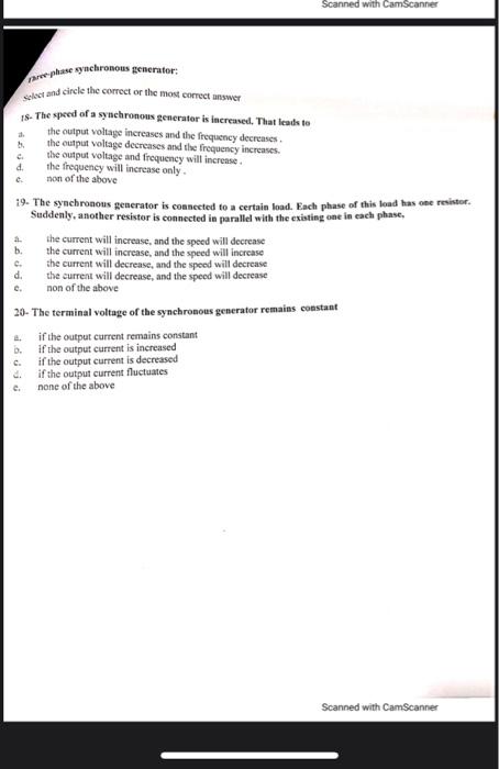 Taree Phase Synchronous Generator Select And Circle The Correct Or The Most Correct Answer 18 The Speed Of A Synchrono 1