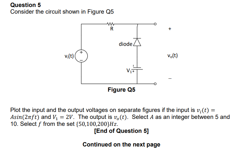 Question 5 Consider The Circuit Shown In Figure Q5 Vi T Ww R Diode V Figure Q5 Vo T Plot The Input And The Output Vo 1