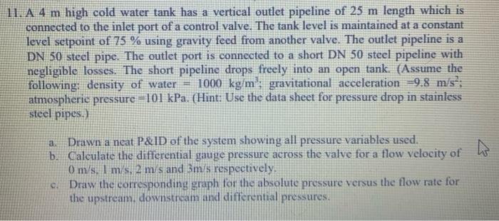 11 A 4 M High Cold Water Tank Has A Vertical Outlet Pipeline Of 25 M Length Which Is Connected To The Inlet Port Of A C 1