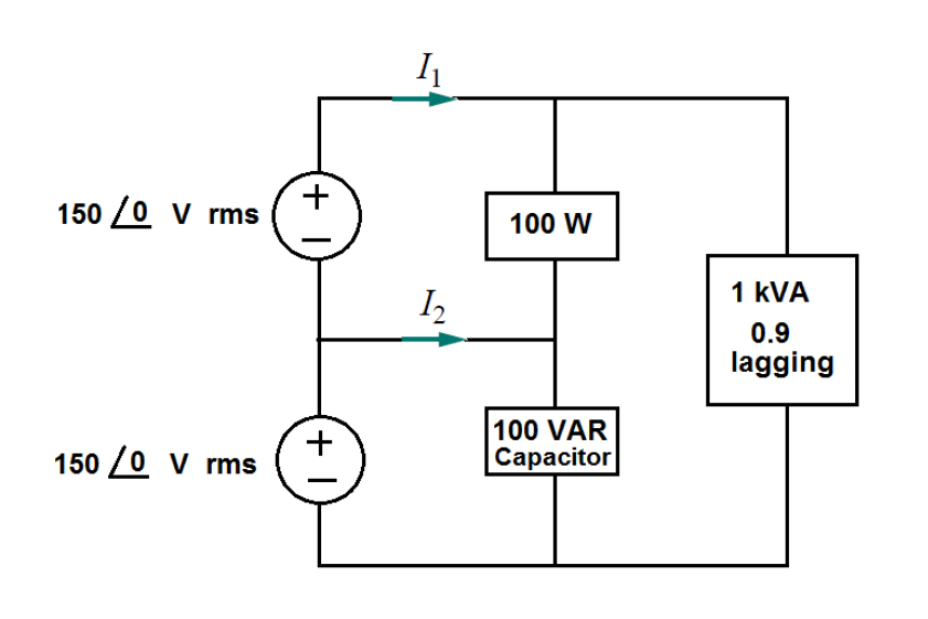 150 0 V Rms 150 0 V Rms 1 1 I 1 100 W 100 Var Capacitor 1 Kva 0 9 Lagging 1