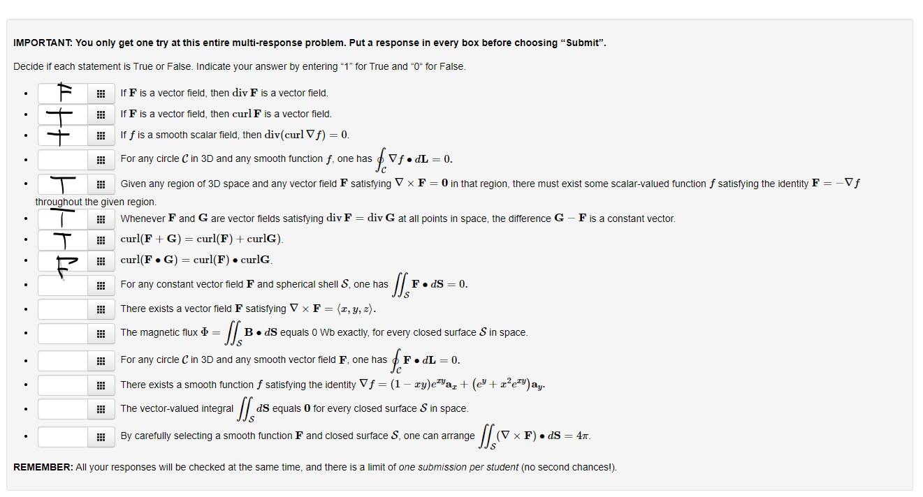 Important You Only Get One Try At This Entire Multi Response Problem Put A Response In Every Box Before Choosing Subm 1