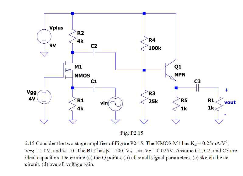 Vgg 4v Vplus 9v R2 4k M1 Nmos R1 4k C2 C1 Vin R4 100k R3 25k Q1 Npn R5 1k C3 Rl 1k Vout Fig P2 15 2 15 Consider The Two 1
