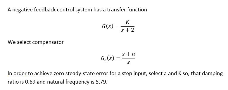 A Negative Feedback Control System Has A Transfer Function We Select Compensator G S Gc S K S 2 S A S In Order To 1