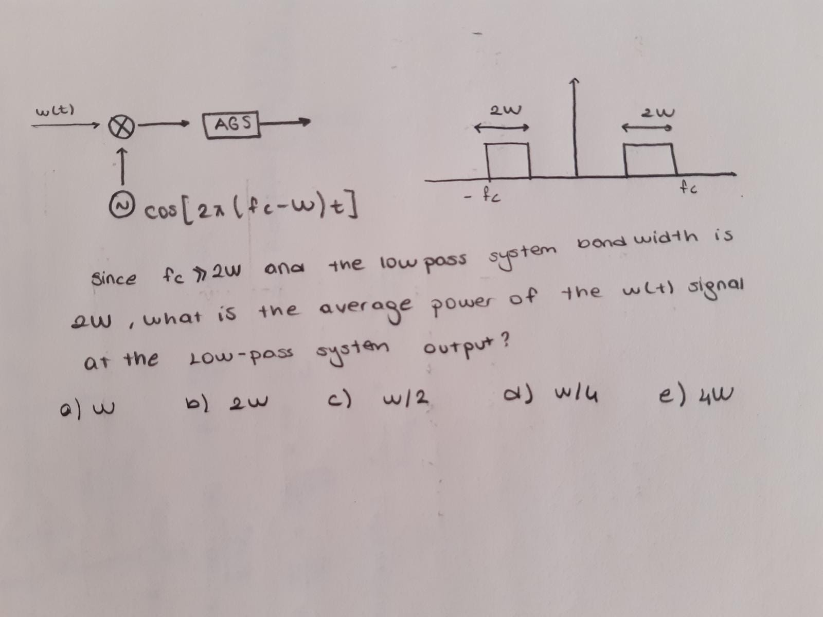 Wit Cos 2x Fe W Ags Since A W Fc Fc 2w And The Low Pass System Bond Width Is 2w What Is The Average Power 1